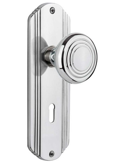 Streamline Moderne Mortise Lock Set with Matching Knobs with Keyhole in Polished Chrome.